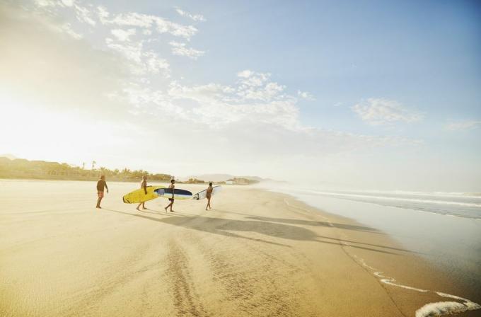 ekstremt bredt billede af familie, der bærer surfbrætter på tropisk strand, mens de tager surflektion under ferie