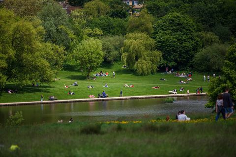 Lokale og turister nyder vejret på Hampstead Heath, London