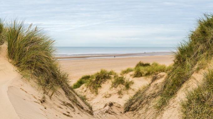 et panorama med flere billeder optaget mellem to tinder på klitterne og ser ned på folk, der går langs Formby Beach nær Liverpool