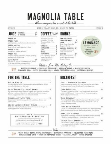 magnolia tabel morgenmad menu