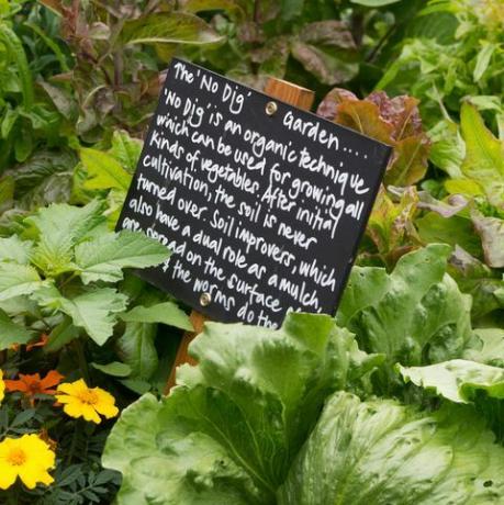 ingen grave organisk haveskilt ved Ryton Organic Gardens, Warwickshire, England