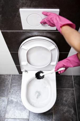 kvinde rengøring toilet med toiletbørste