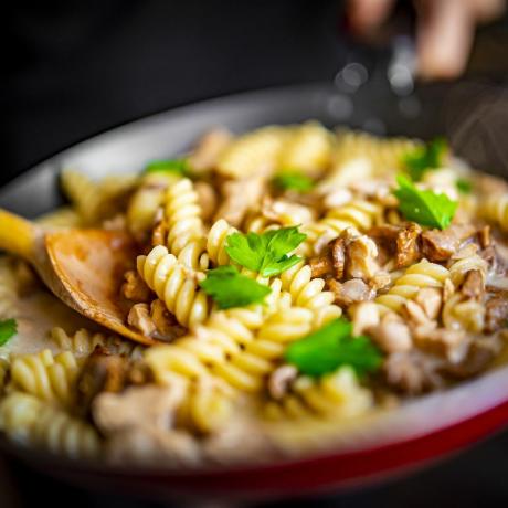 kvinde håndlaver velsmagende kyllingefilet med champignon i en cremet sauce med fusilli pasta i panden på køkkenet