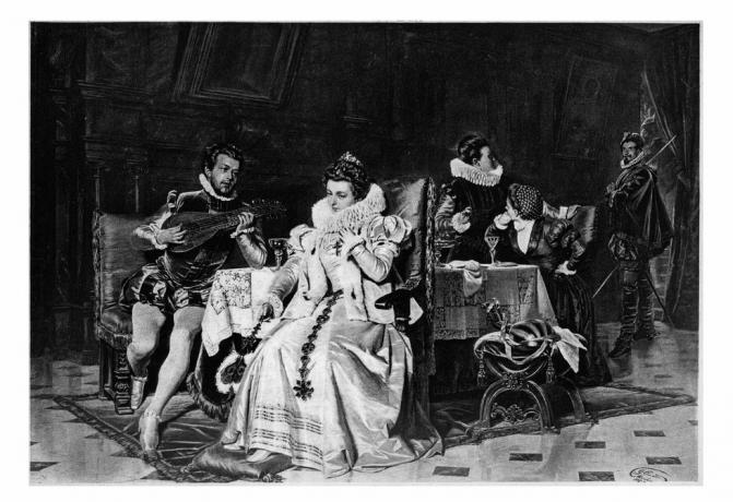 copyright er udløbet på dette kunstværk fra mine egne arkiver, digitalt gendannet. mary, dronning af skotter, mary stuart eller mary i af skotland 8. december 1542 – 8. februar 1587. david riccio rizzio, sekretær for mary stuart, dronning af skotter, hjalp med at arrangere hendes ægteskab med Henry stewart, lord darnley var musiker