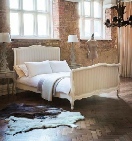 Provencal betrukket sleigh Bed (King Size) franske møbler, hvidmalet lurvet chic seng, det franske soveværelseshus