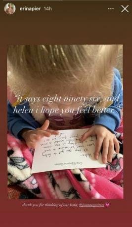skærmbillede af erin napiers instagramhistorie af hendes datter Helen læsebesked