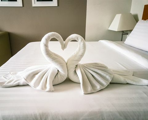 skud af hotelværelse håndklæder i svaneformer