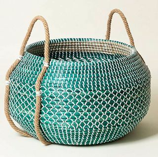 Teal Blue Round Seagrass Storage Basket Stor